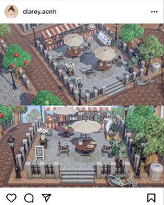 two screens show an outdoor patio with tables and umbrellas in the middle, and on the other side