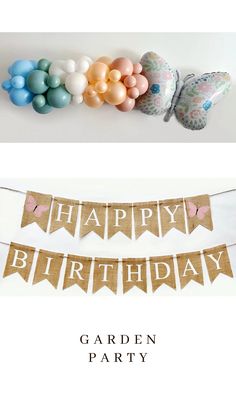 an image of a birthday banner with balloons and buntings on the front, and in the back