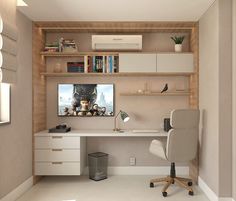 a computer desk with a monitor on top of it in front of a bookshelf