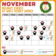 a calendar with the holidays at walt world and mickey's christmas party on it