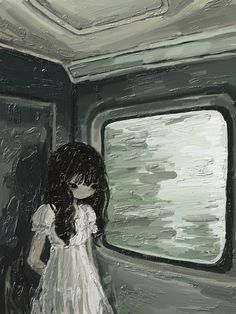 a painting of a girl standing in front of a window on a train or bus