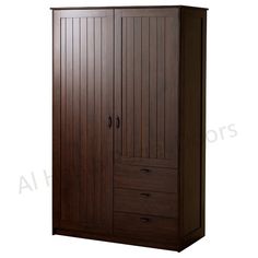 the armoire is made from wood and has three drawers