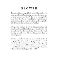 a poem written in black and white with the words growth above it, on a white background