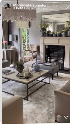 a living room filled with furniture and a fire place in front of a mirror on the wall