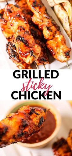 grilled chicken on skewers with bbq sauce in the middle and side