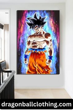 a dragon ball painting hanging on the wall next to a stair case in a house