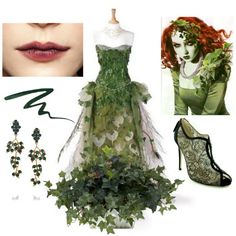 a green dress with flowers and leaves on the bottom is surrounded by other items including shoes, necklaces and earrings