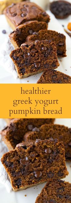 healthy greek yogurt pumpkin bread is cut in half and stacked on top of each other