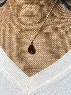 Beautiful Red Ruby Teardrop Gemstone, 18K Gold filled Pendant Necklace. FREE SHIPPING IN THE USA, $11 Every Where Else. Cheap Red Vintage Necklaces, Red Ruby Drop Jewelry, Red Drop Jewelry For Anniversary, Fine Jewelry Ruby Teardrop, Ruby Teardrop Fine Jewelry, Red Drop Gemstone Jewelry, Red Gemstone Drop Jewelry, Formal Ruby Drop Jewelry, Ruby Drop Jewelry For Anniversary