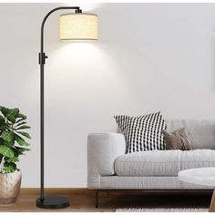 a living room with a couch, table lamp and potted plant on the floor