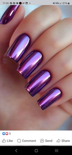 Purple Metallic Nails, Homecoming Nail Designs, Metallic Purple Nails, Purple Gold Nails, Homecoming Inspo, Chrome Nail Designs, Designed Nails, Purple Chrome Nails, Hoco Nails