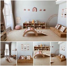 this is a collage of photos of a child's room with furniture and decor