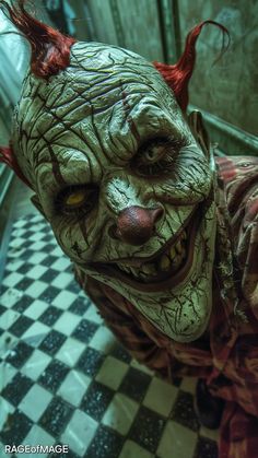 a creepy looking clown with red hair and green eyes standing on a black and white checkered floor