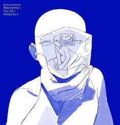 a drawing of a man with a face mask covering his mouth and nose, in front of a blue background