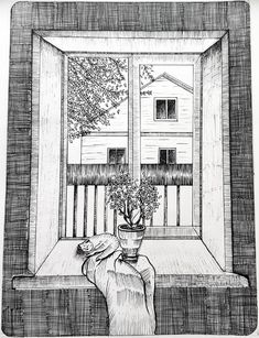 a drawing of a person's hand holding a potted plant in front of a window