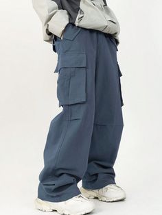 Dusty Blue Street Collar  Woven Fabric Plain Cargo Pants Embellished Non-Stretch  Men Clothing Straight Leg Cargo Pants, Pants Outfit Men, Mens Work Pants, Casual Cargo Pants, Baggy Cargo Pants, Cargo Pants Outfit, Outdoor Pants, Pants Loose, Loose Fit Jeans