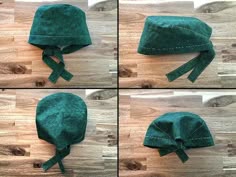 four pictures of a green hat on a wooden floor