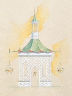 a drawing of a building with a clock on it's top and two pendulums hanging from the roof