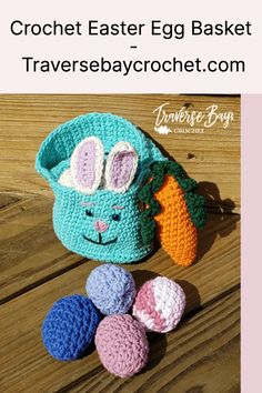 crochet easter egg basket with bunny ears and three eggs on the ground next to it