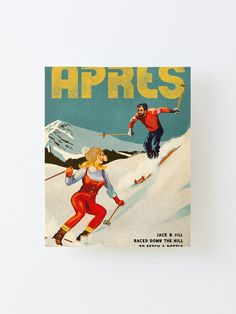 an advertisement for apres skis with two people skiing down the hill on skis