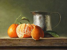 an oil painting of oranges and a watering can