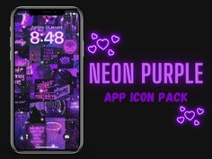 the neon purple app icon pack is displayed on an iphone with hearts and other items