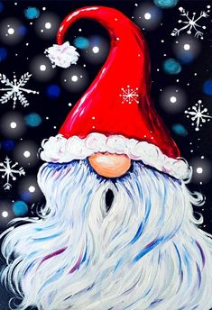 an acrylic painting of a santa claus with snowflakes in the background