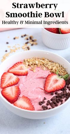 strawberry smoothie bowl topped with fresh strawberries, chocolate chips and granola in a white bowl. Frozen Berry Smoothie Bowl, Healthy Breakfast Ideas With Strawberries, Smoothie Bowl Flavors, Greek Yogurt Smoothie Bowls, Ninja Creami Healthy Smoothie Bowl, Simple Smoothie Bowl Recipe, Strawberry Greek Yogurt Smoothie, Smoothie Bowl Recipe Ninja Creami, Ninja Smoothie Bowl Recipes