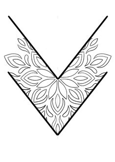 a black and white drawing of a v with leaves in the middle, on a white background