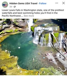 an aerial view of a waterfall with people swimming in it and the caption hidden gems usa travel follow