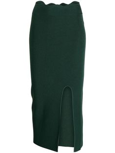 forest green knitted construction ribbed knit high-waisted side slit above-knee length pencil design Pencil Design, Knit Pencil Skirt, Green Skirt, Forest Green, Ribbed Knit, Pencil Skirt, Knee Length, Pencil, Forest