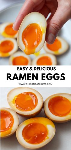 hard boiled eggs with an egg yolk in them and the words, easy & delicious ramen eggs