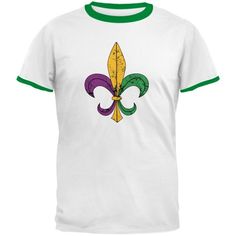 a white t - shirt with green trim and a fleur de lis on the front