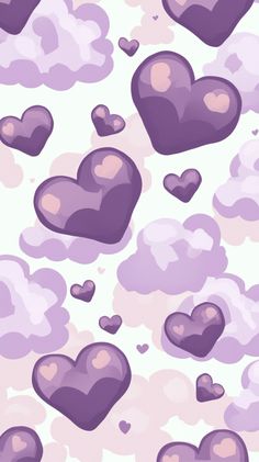 purple hearts are floating in the air on a white background with clouds and pinkish hues