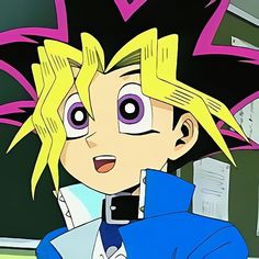 an anime character with blonde hair wearing a blue jacket and white shirt looking at the camera