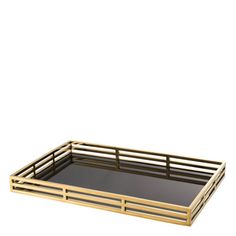 a wooden tray with black glass in the middle and gold trimmings on top