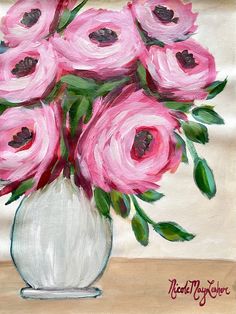 a painting of pink flowers in a white vase