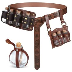 Medieval Witch Wizard Dark Magic Cork Bottle With Leather Holder Waist Belt Potion Bottle Holster Dnd Component Pouch, Potion Bottle Belt, Wendigo Costume, Fantasy Traveler, Potion Seller, Wizard Outfit, Cool Dnd Dice, Medieval Witch, Steampunk Bag