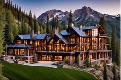 Luxury mountain lodge illuminated at dusk, surrounded by pine trees with snow-capped peaks in the background. Cabin Style Homes