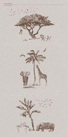 four different types of trees and animals on a white background