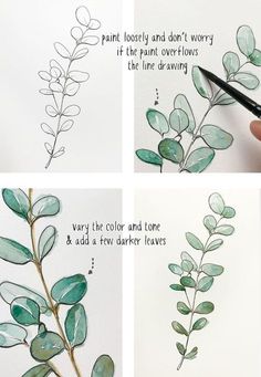 the process of painting leaves with watercolor pencils