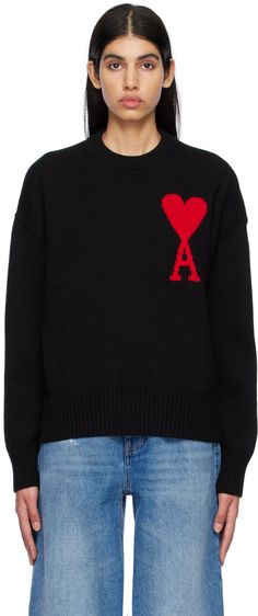 Knit virgin wool sweater. · Rib knit crewneck, hem, and cuffs · Intarsia logo at front Supplier color: Black/Red Paris Clothing, Ami Paris, Knit Crewneck, Wool Sweater, Luxury Streetwear, Wool Sweaters, Rib Knit, Black Red, Knitted Sweaters