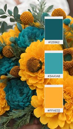 yellow and teal flowers with green leaves in the center are featured on this color scheme