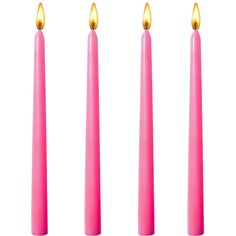 three pink candles are lined up in a row