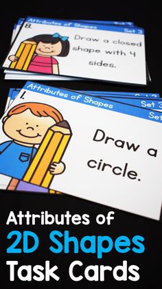 First graders can review the attributes of 2D Shapes with these fun task card sets. One of my favorite ways to use task cards is as a task card scoot for a whole class 2D shapes review activity. Shapes First Grade, Task Card