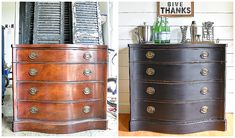 an old chest of drawers is turned into a side table with wine bottles on top