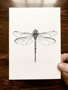 a hand holding up a card with a drawing of a dragonfly on it