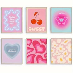 four square paintings with hearts, flowers and cherries in pink, blue, green, yellow, red