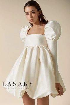 Lasaky - Square Neck Puff Sleeve Satin Babydoll Mini Dress White Dress Fall, Element Dress, Puff Sleeves Dress, Lamb Leg, Dorothy Dandridge, Tulle Mini Dress, Puffy Dresses, Elegant Party Dresses, Puff Long Sleeves