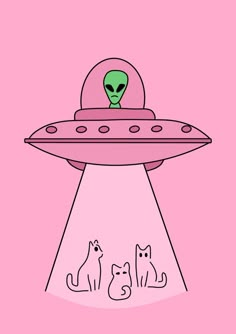 an alien ship with two cats and a cat sitting on the ground in front of it